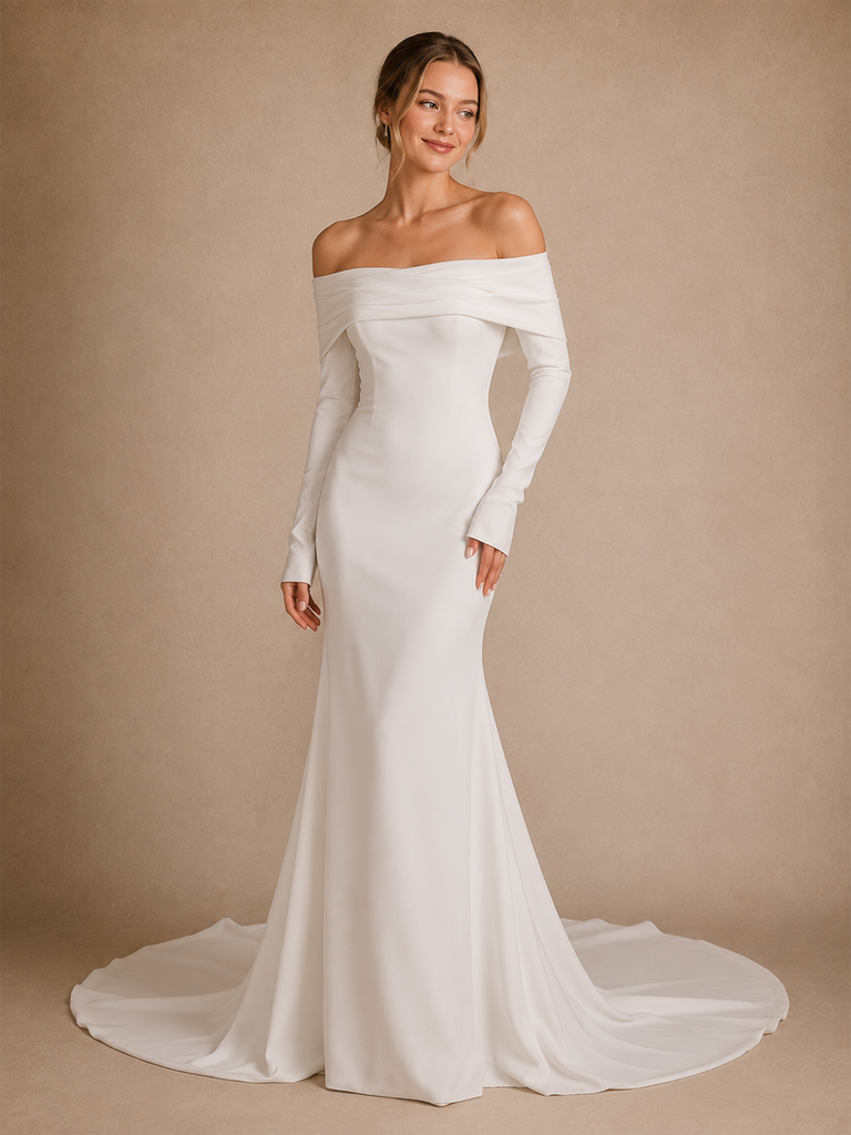 ChicSew Elegant Crepe Off The Shoulder Long Sleeves Mermaid Maxi Wedding Dress With Long Train
