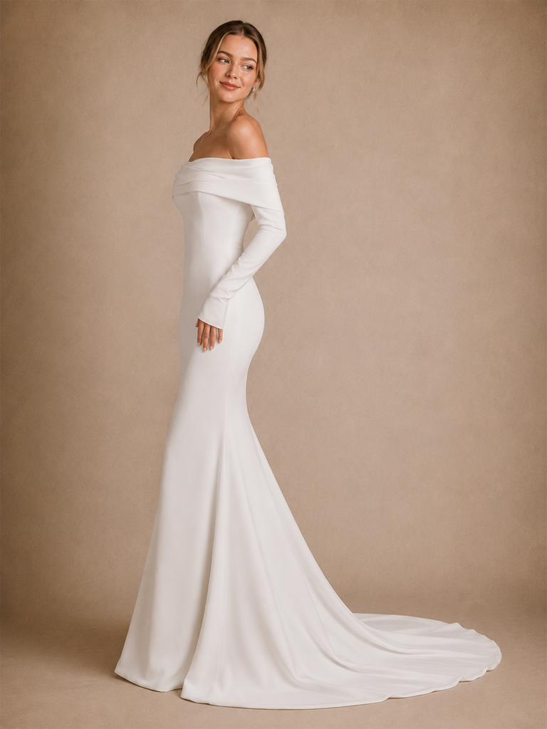 ChicSew Elegant Crepe Off The Shoulder Long Sleeves Mermaid Maxi Wedding Dress With Long Train
