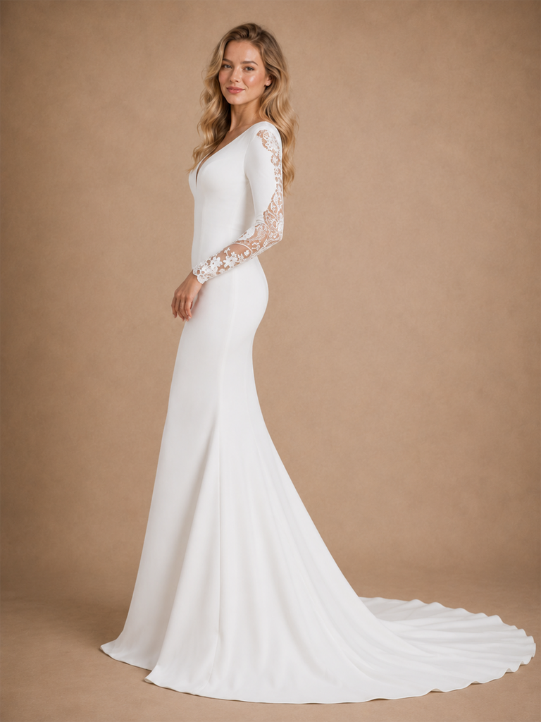 ChicSew Fancy V-Neck Crepe Long Sleeves Mermaid Maxi Wedding Dress With Applique