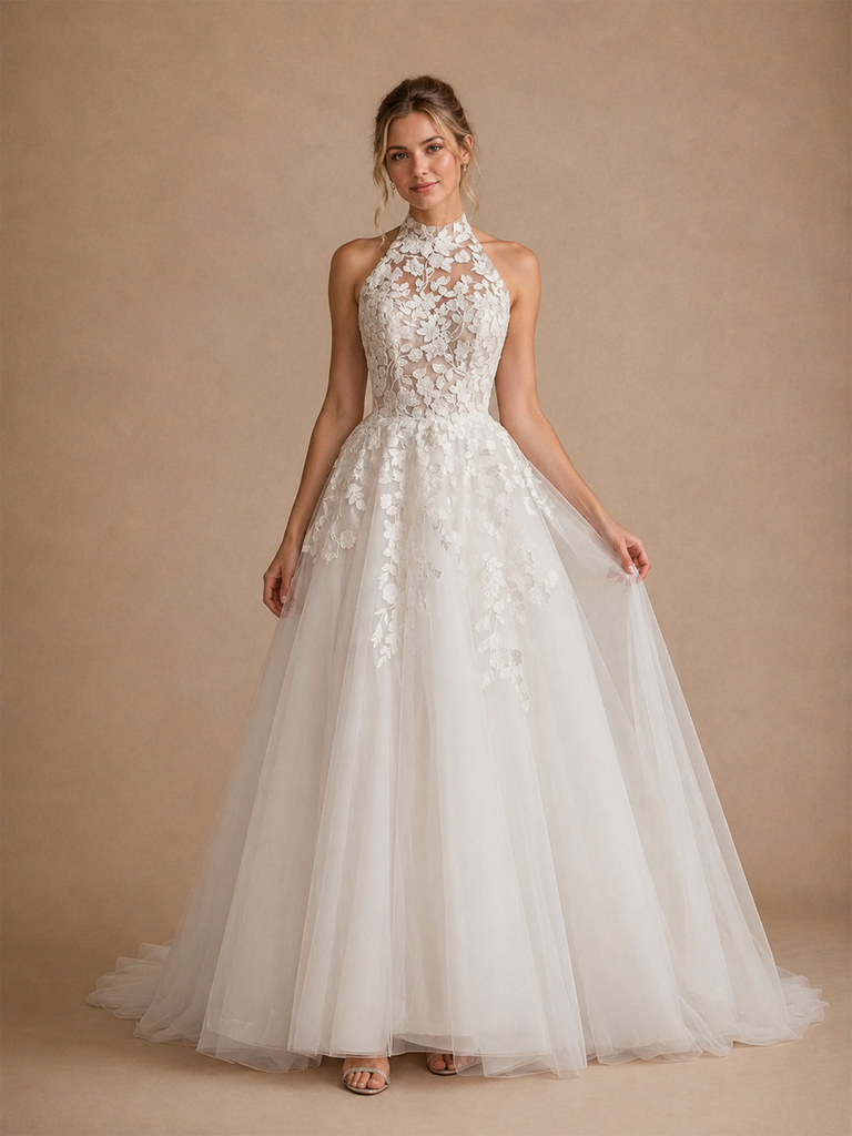 ChicSew Elegant A-Line Halter Sleeveless Lace Tulle Floor-Length Wedding Dresses Online