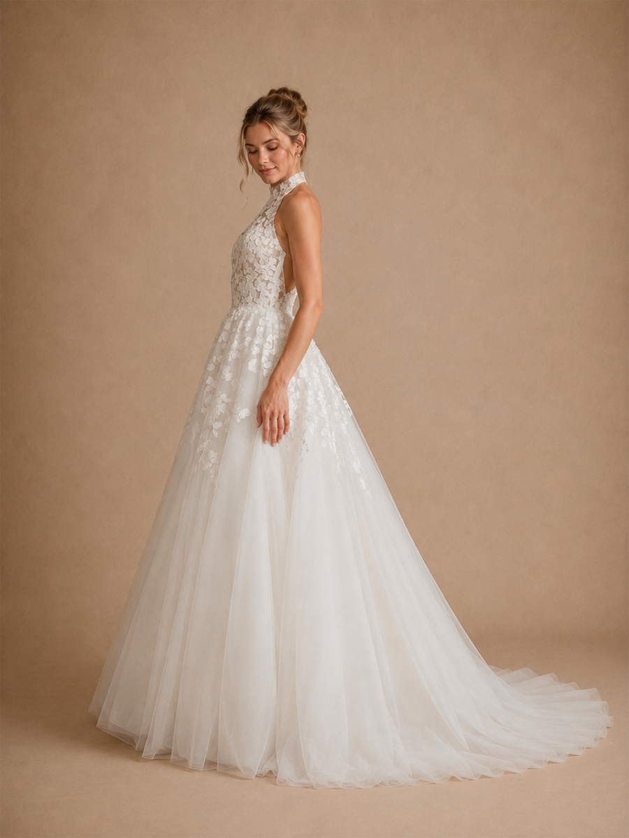 ChicSew Elegant A-Line Halter Sleeveless Lace Tulle Floor-Length Wedding Dresses Online
