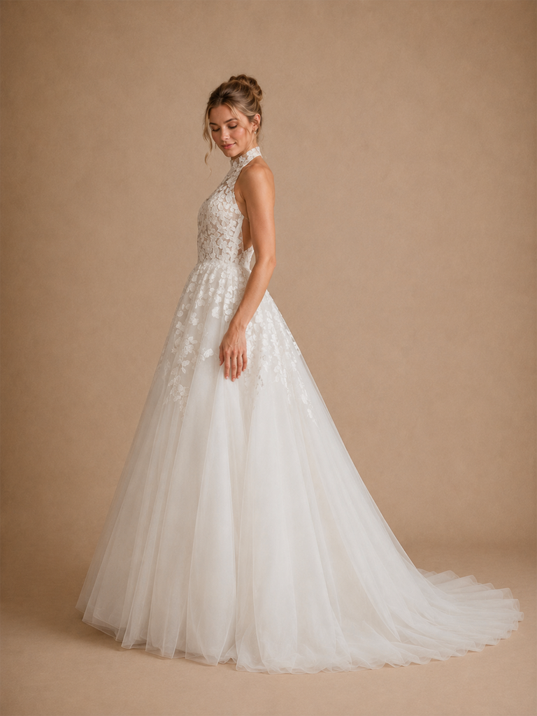 ChicSew Elegant A-Line Halter Sleeveless Lace Tulle Floor-Length Wedding Dresses Online
