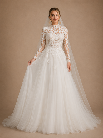 ChicSew Elegant High Neck A-Line Long Sleeves Lace Tulle Floor-Length Wedding Dress With Applique
