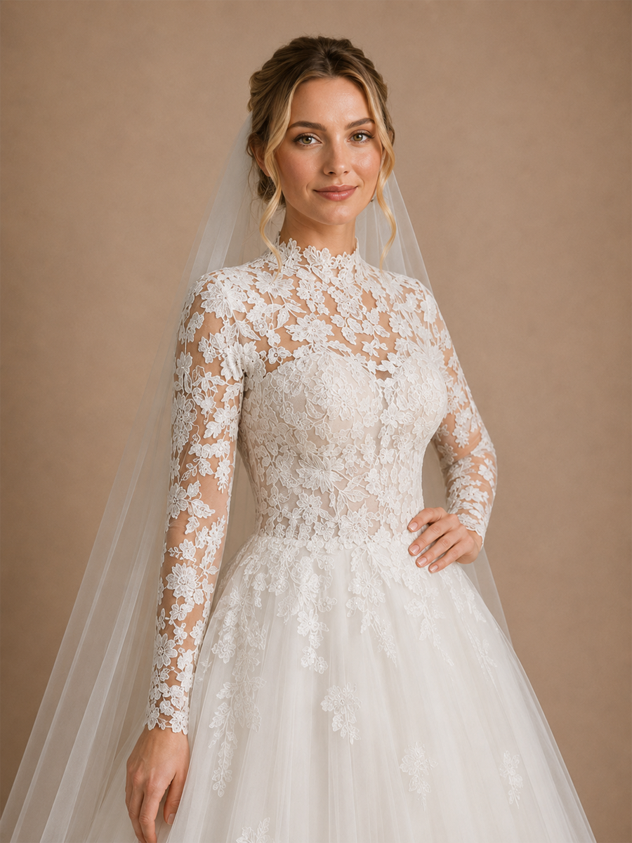 ChicSew Elegant High Neck A-Line Long Sleeves Lace Tulle Floor-Length Wedding Dress With Applique