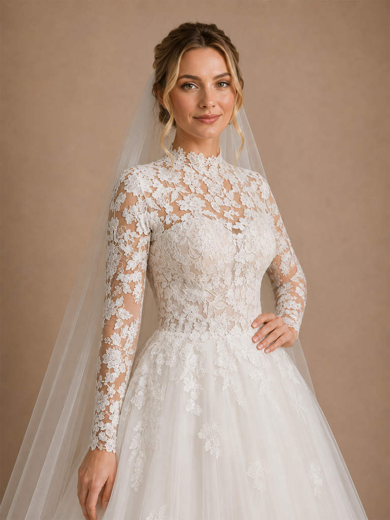 ChicSew Elegant High Neck A-Line Long Sleeves Lace Tulle Floor-Length Wedding Dress With Applique