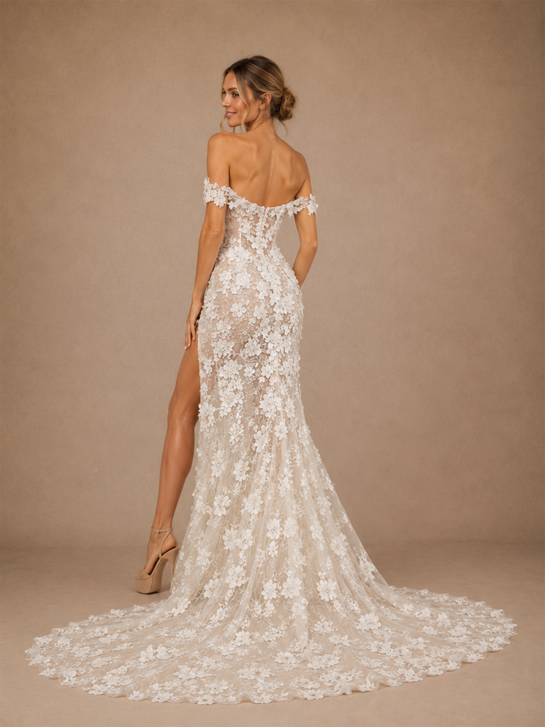 ChicSew Romantic Off Shoulder Side Slit Sleeveless Lace Mermaid Long Wedding Dresses