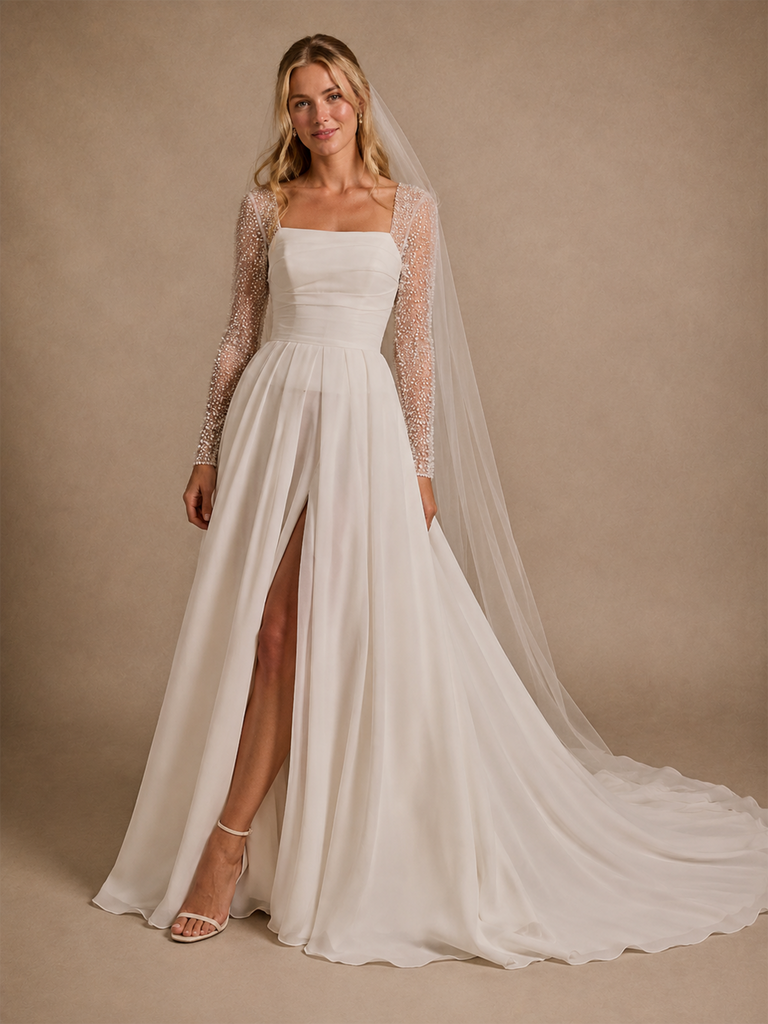 ChicSew Square Neckline Long Sleeves Slit A-Line Chiffon Floor Length Wedding Dresses