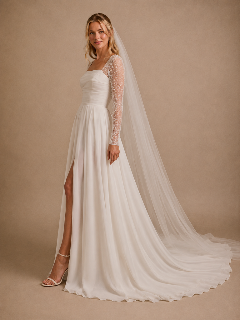 ChicSew Square Neckline Long Sleeves Slit A-Line Chiffon Floor Length Wedding Dresses