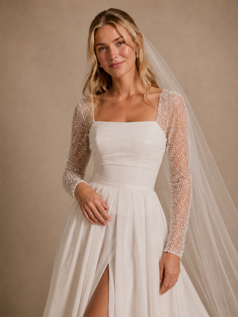 ChicSew Square Neckline Long Sleeves Slit A-Line Chiffon Floor Length Wedding Dresses