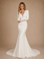 ChicSew Fancy Long Sleeves V-Neck Crepe Mermaid Long Wedding Dress With Lace Appliques