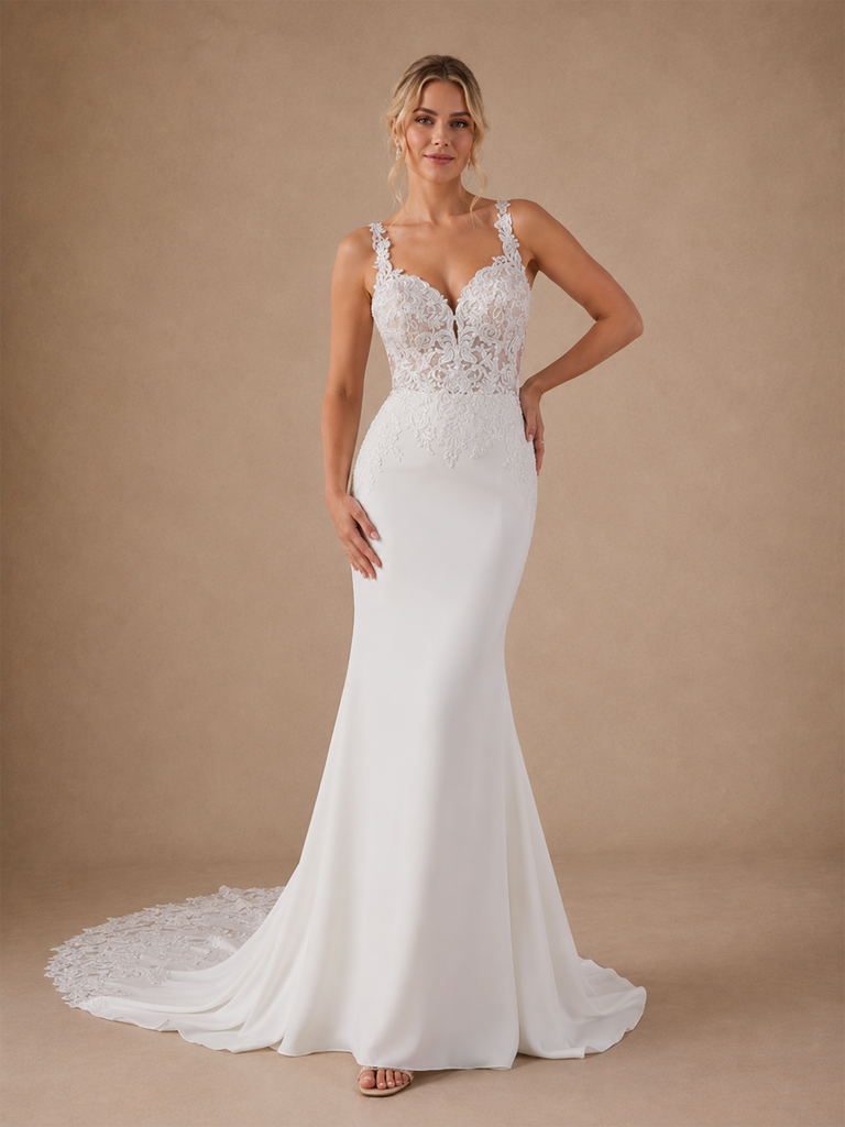 ChicSew Unique V-Neck Spaghetti Straps Lace Chiffon Mermaid Floor-Length Wedding Dress