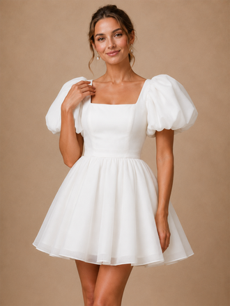 ChicSew Classy Square Neck Short Sleeves Crepe A-Line Mini-Length Wedding Dresses