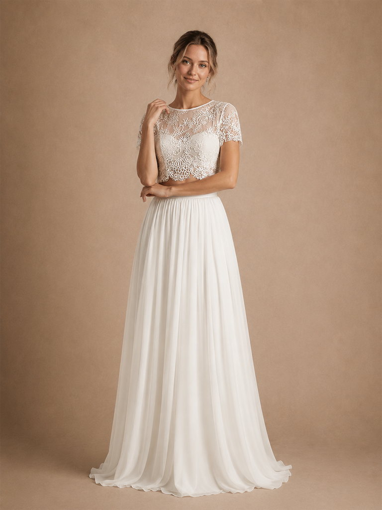 ChicSew Beautiful Jewel Short Sleeves Chiffon A-Line Floor-Length Wedding Dresses