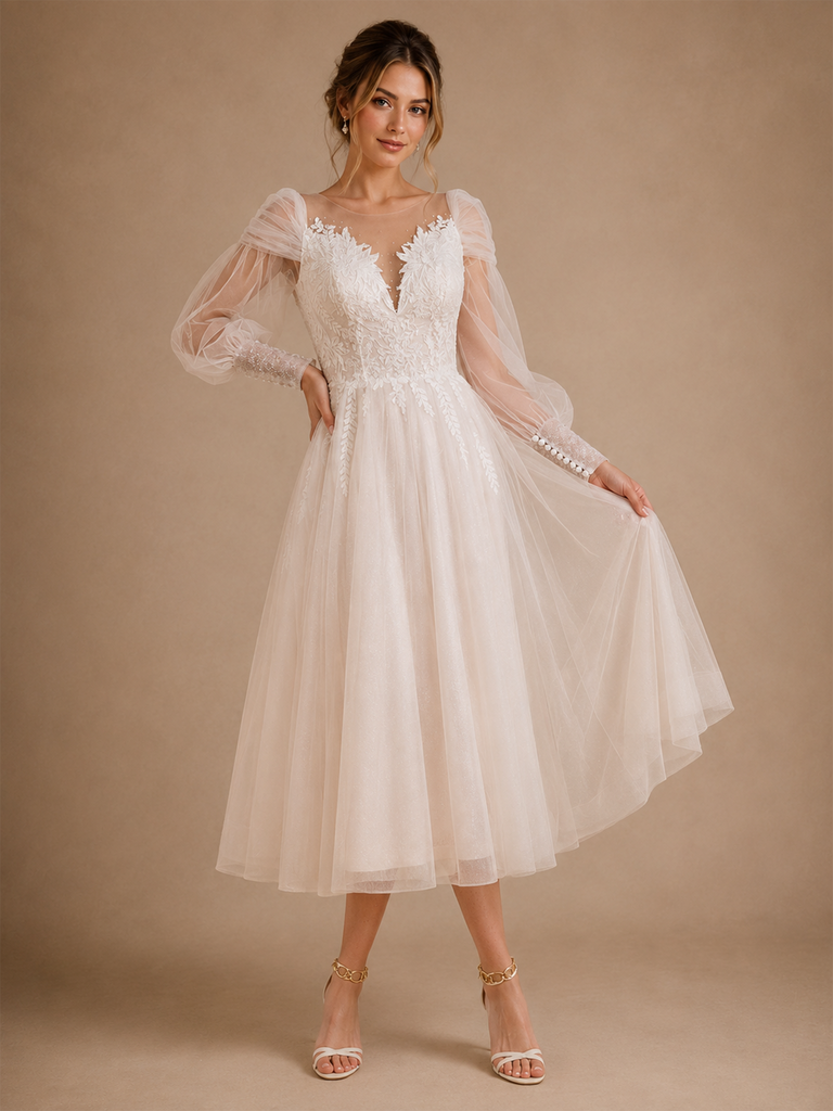 ChicSew Beautiful Illusion Long Sleeves Lace Glitter Tulle A-Line Tea-Length Wedding Dresses