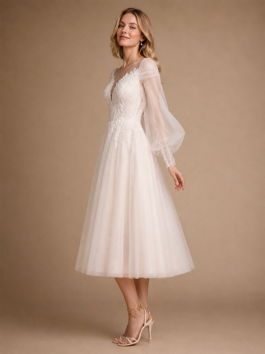 ChicSew Beautiful Illusion Long Sleeves Lace Glitter Tulle A-Line Tea-Length Wedding Dresses