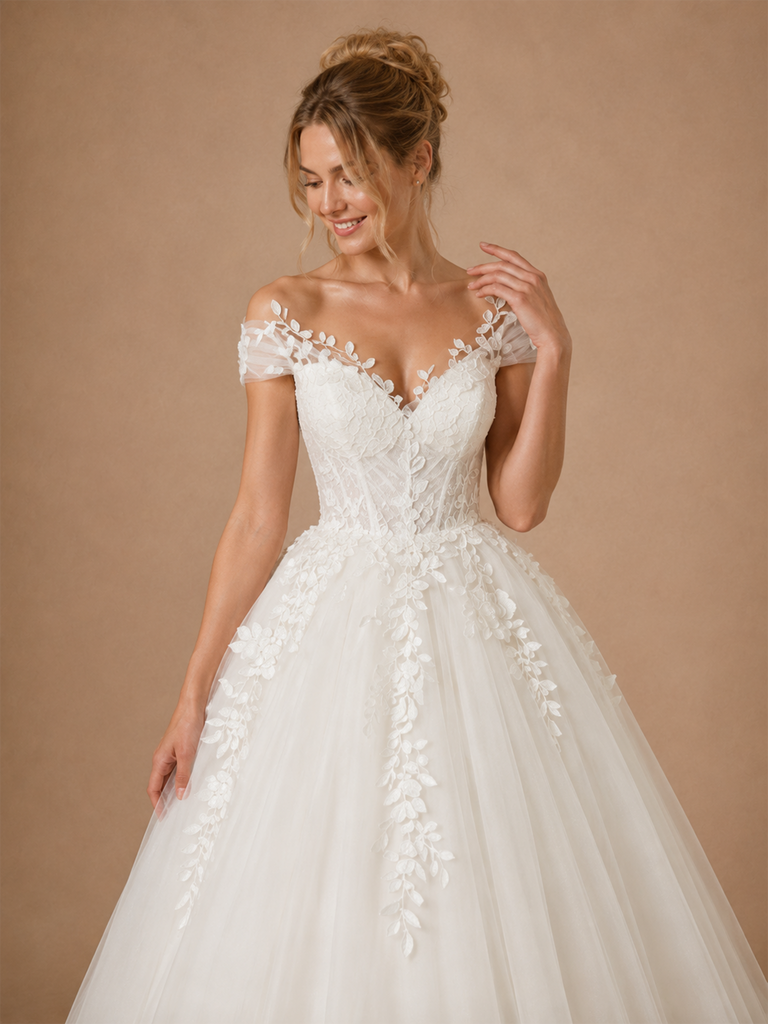 ChicSew Beautiful Off The Shoulder Lace Appliques Tulle A-Line Long Wedding Dresses
