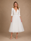ChicSew Beautiful V-Neck 3/4 Sleeves Satin Tulle A-Line Tea-Length Wedding Dresses