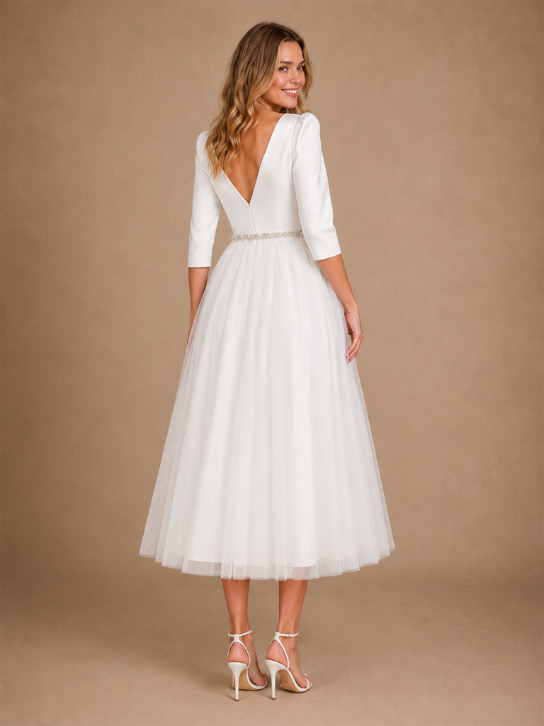 ChicSew Beautiful V-Neck 3/4 Sleeves Satin Tulle A-Line Tea-Length Wedding Dresses