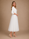 ChicSew Beautiful V-Neck 3/4 Sleeves Satin Tulle A-Line Tea-Length Wedding Dresses