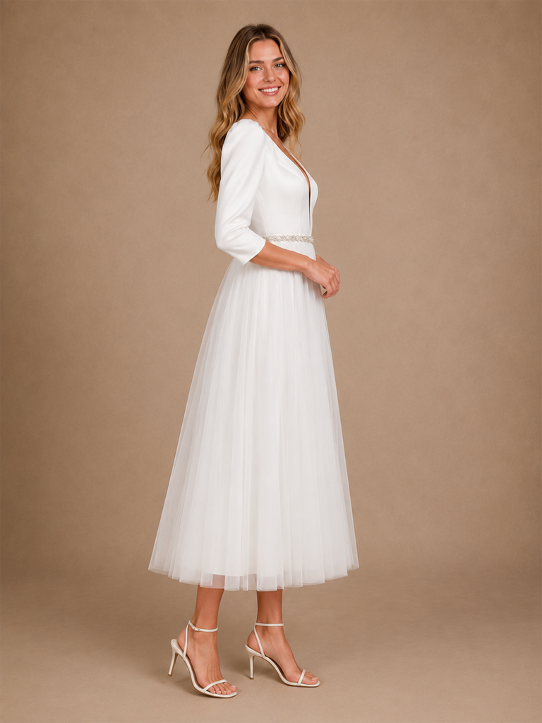 ChicSew Beautiful V-Neck 3/4 Sleeves Satin Tulle A-Line Tea-Length Wedding Dresses