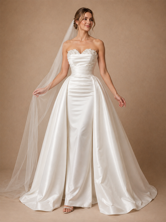 ChicSew Unique Sweetheart Beading Ruching Satin Mermaid Wedding Dresses With Overskirt