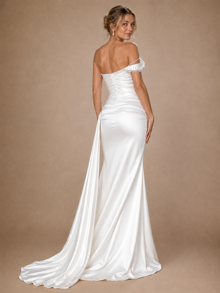 ChicSew Elegant Off the Shoulder Sleeveless Satin Mermaid Long Wedding Dresses With Beading