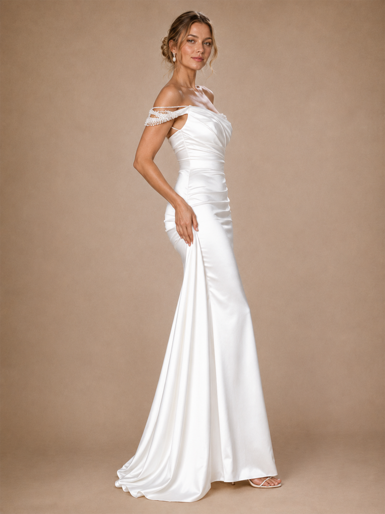 ChicSew Elegant Off the Shoulder Sleeveless Satin Mermaid Long Wedding Dresses With Beading