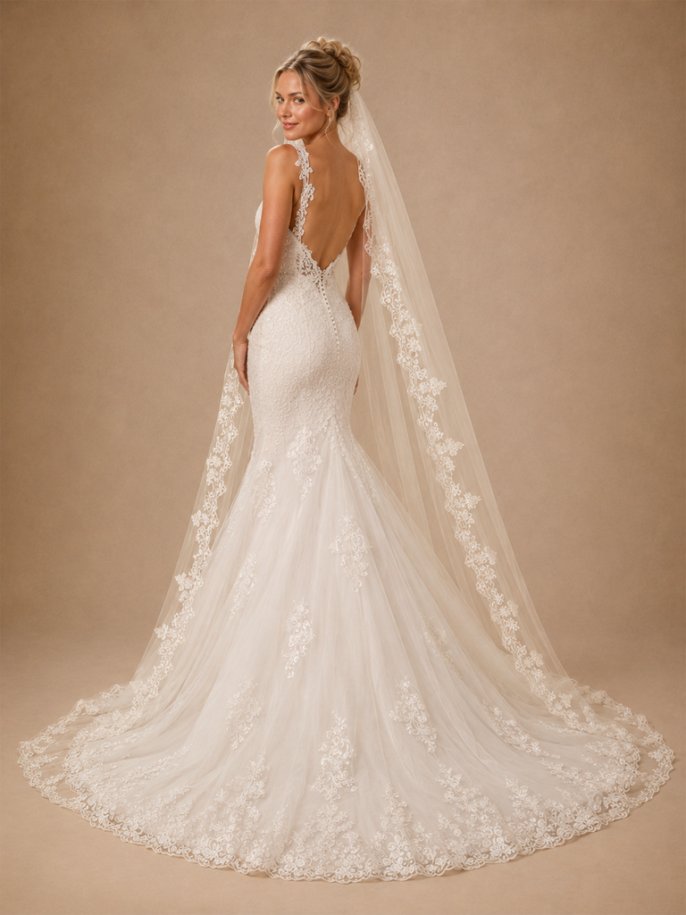 ChicSew Classy Romantic V-Neck Spaghetti Straps Lace Tulle Mermaid Floor-Length Wedding Dress