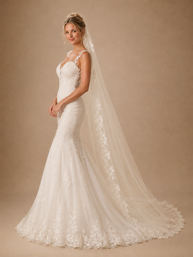 ChicSew Classy Romantic V-Neck Spaghetti Straps Lace Tulle Mermaid Floor-Length Wedding Dress
