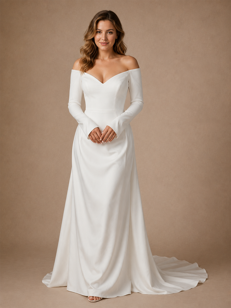 ChicSew Fancy V-Neck 3/4 Sleeves Crepe Mermaid Long Wedding Dress With Overskirt