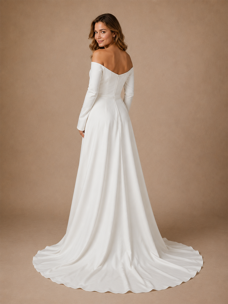 ChicSew Fancy V-Neck 3/4 Sleeves Crepe Mermaid Long Wedding Dress With Overskirt
