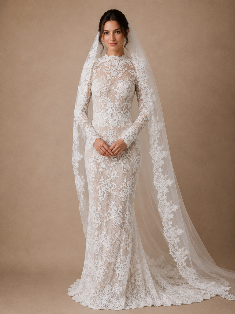 ChicSew Classy Romantic High Neck Long Sleeves Lace Tulle Mermaid Floor-Length Wedding Dress With Long Train
