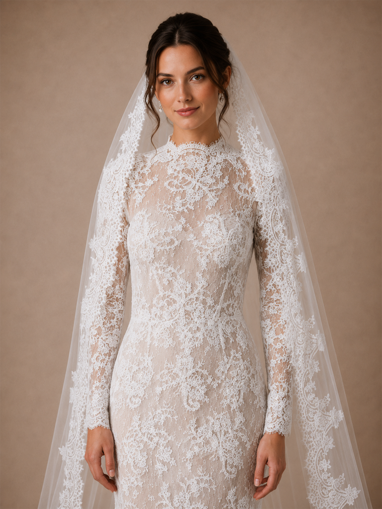 ChicSew Classy Romantic High Neck Long Sleeves Lace Tulle Mermaid Floor-Length Wedding Dress With Long Train