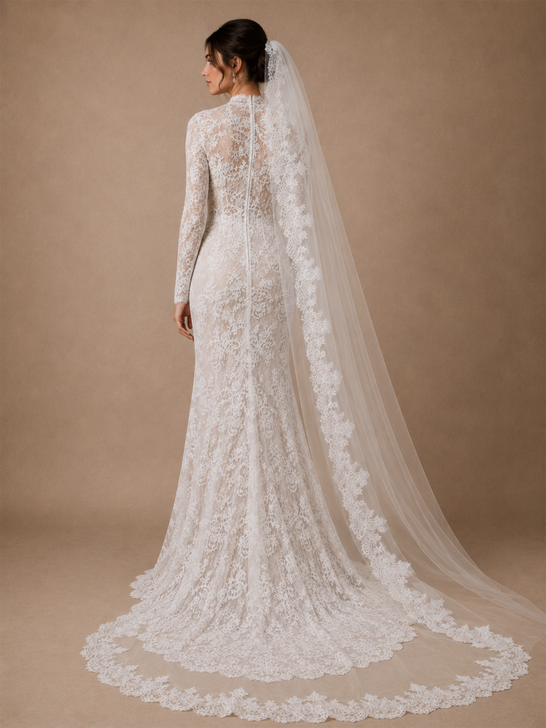 ChicSew Classy Romantic High Neck Long Sleeves Lace Tulle Mermaid Floor-Length Wedding Dress With Long Train