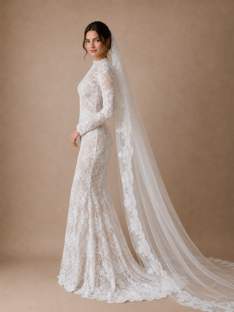 ChicSew Classy Romantic High Neck Long Sleeves Lace Tulle Mermaid Floor-Length Wedding Dress With Long Train