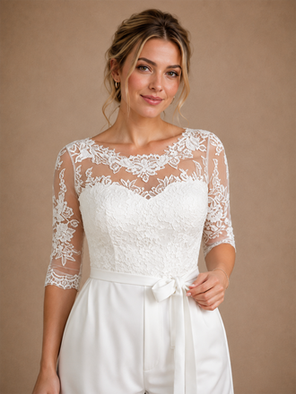ChicSew Morden Bateau Neck Lace Applique Half Sleeves Satin Short Wedding Jumpsuit