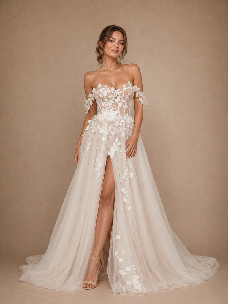 ChicSew Beautiful Off The Shoulder Lace Appliques Tulle A-Line Long Wedding Dress With Side Slit