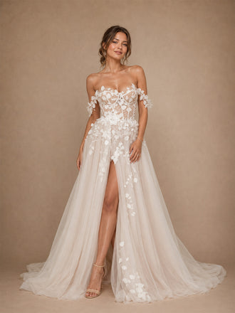 ChicSew Beautiful Off The Shoulder Lace Appliques Tulle A-Line Long Wedding Dress With Side Slit