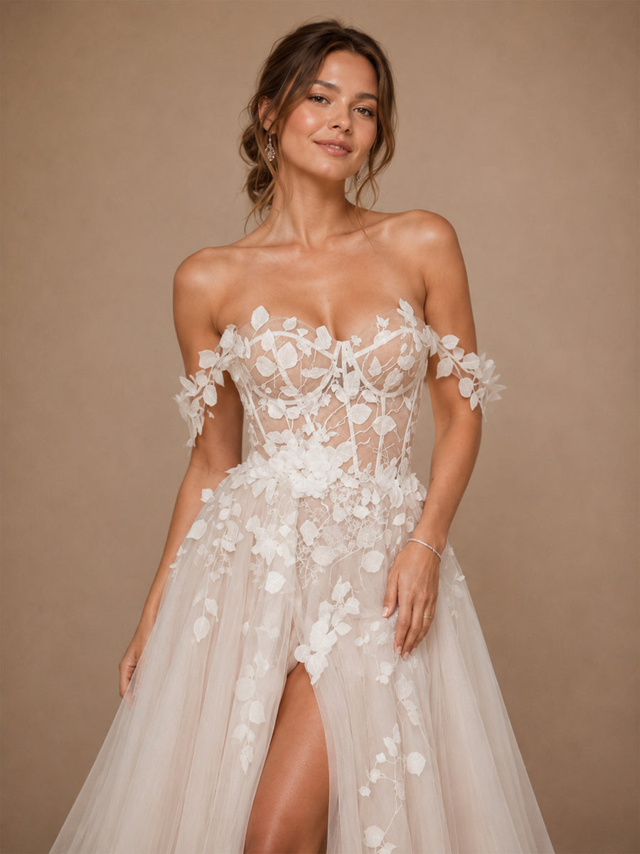 ChicSew Beautiful Off The Shoulder Lace Appliques Tulle A-Line Long Wedding Dress With Side Slit