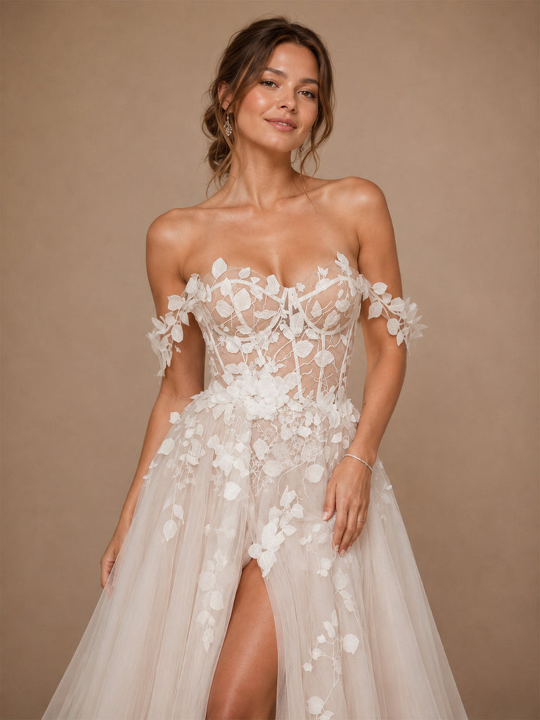 ChicSew Beautiful Off The Shoulder Lace Appliques Tulle A-Line Long Wedding Dress With Side Slit