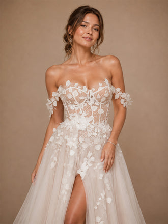 ChicSew Beautiful Off The Shoulder Lace Appliques Tulle A-Line Long Wedding Dress With Side Slit
