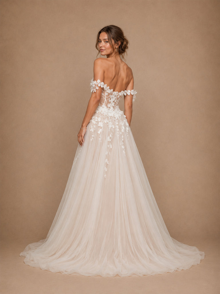 ChicSew Beautiful Off The Shoulder Lace Appliques Tulle A-Line Long Wedding Dress With Side Slit