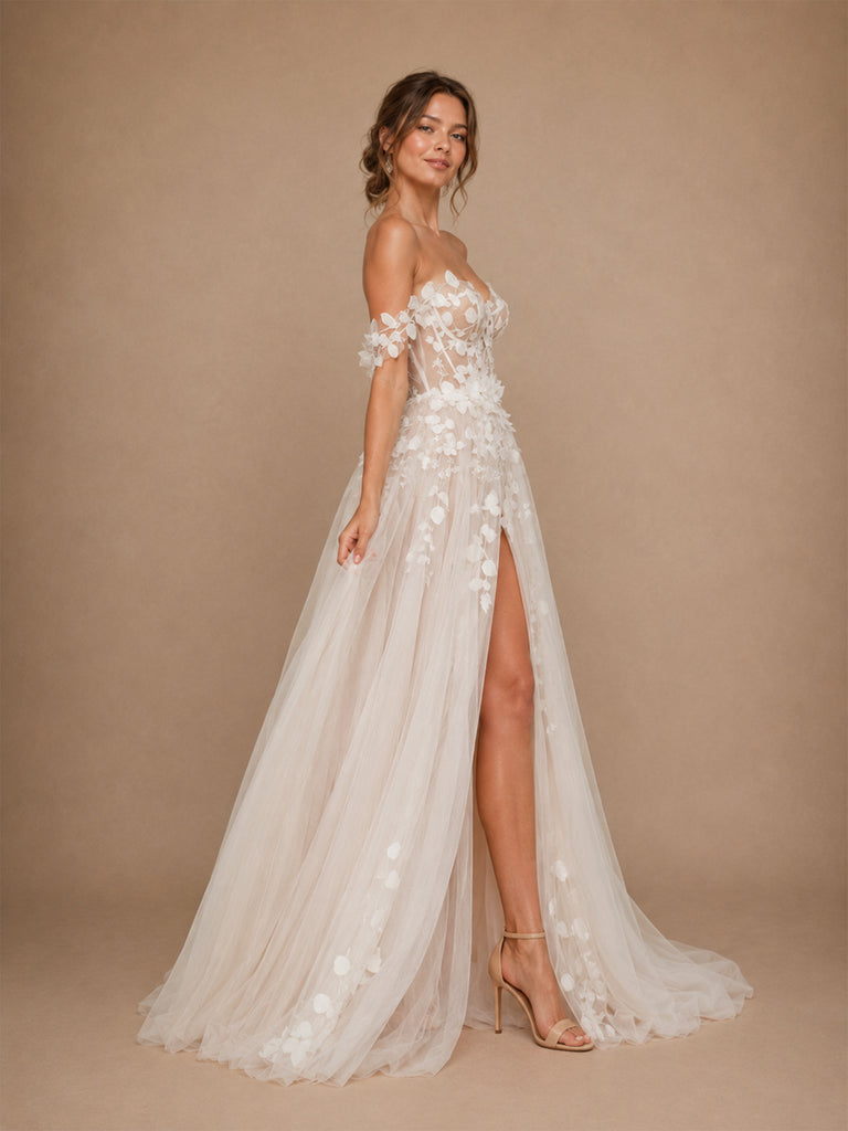 ChicSew Beautiful Off The Shoulder Lace Appliques Tulle A-Line Long Wedding Dress With Side Slit
