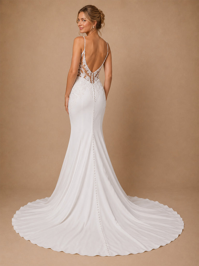 ChicSew Unique Spaghetti Straps V-Neck Lace Satin Mermaid Wedding Dresses
