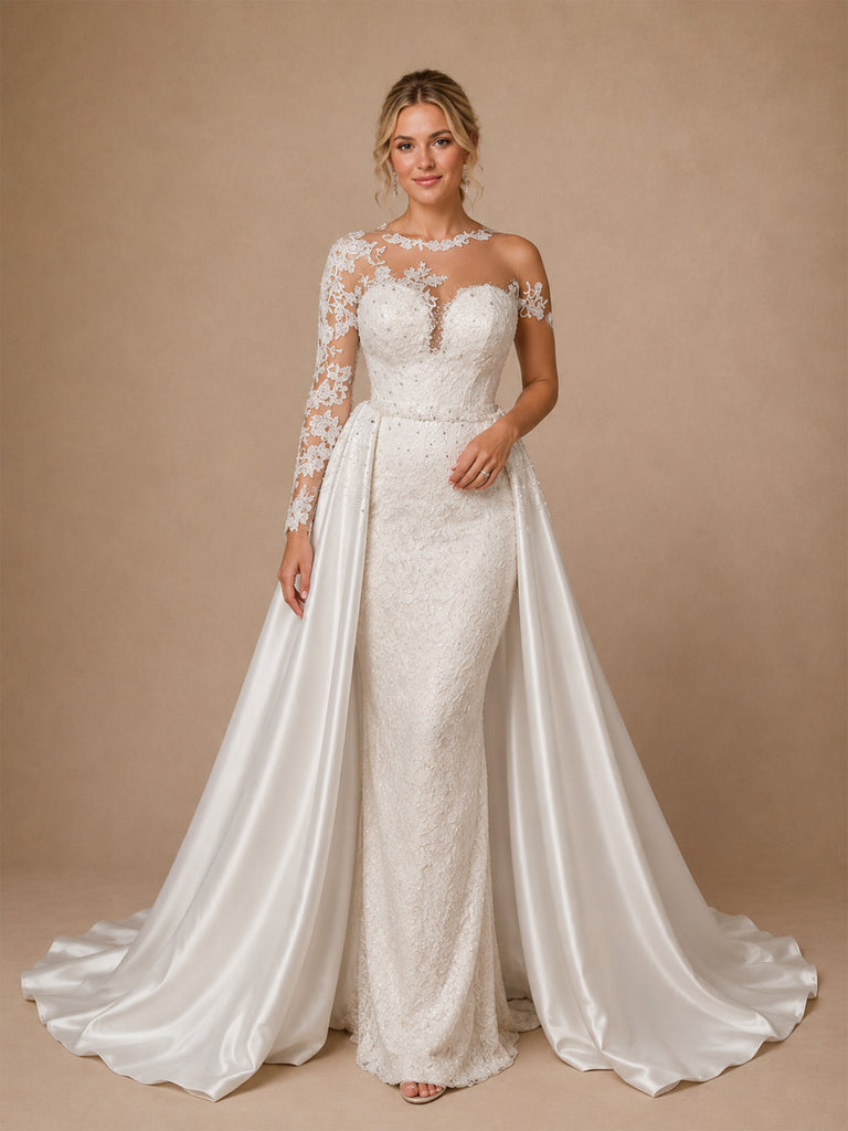 ChicSew Gorgeous Illusion Beading Satin Mermaid Wedding Dresses With Lace Appliques