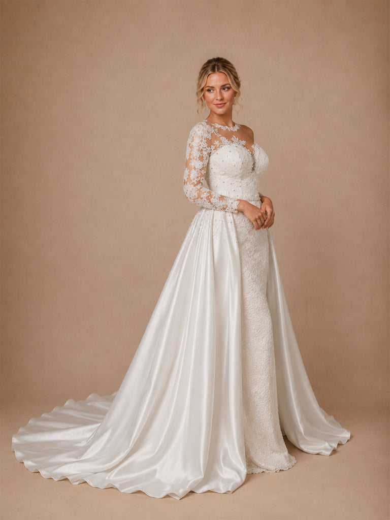 ChicSew Gorgeous Illusion Beading Satin Mermaid Wedding Dresses With Lace Appliques