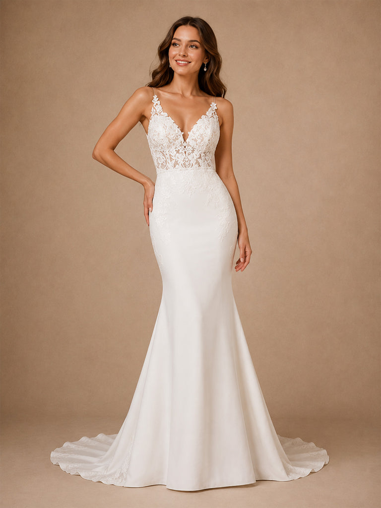 ChicSew Fancy Spaghetti Straps V-Neck Lace Appliques Mermaid Long Wedding Dress