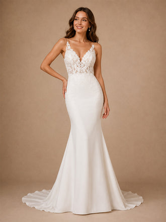 ChicSew Fancy Spaghetti Straps V-Neck Lace Appliques Mermaid Long Wedding Dress