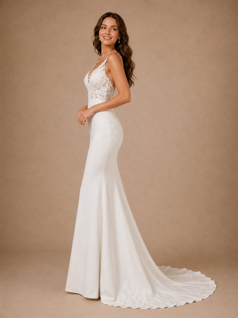 ChicSew Fancy Spaghetti Straps V-Neck Lace Appliques Mermaid Long Wedding Dress