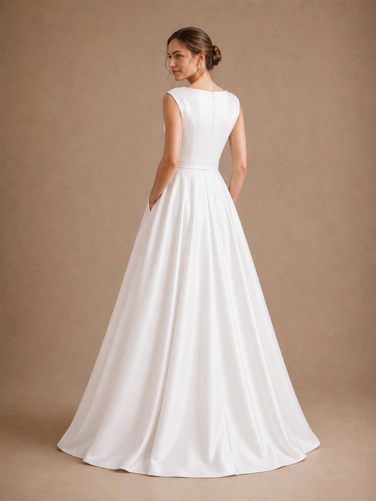 ChicSew Classy Bateau Satin A-Line Sleeveless Floor-Length Wedding Dresses Online